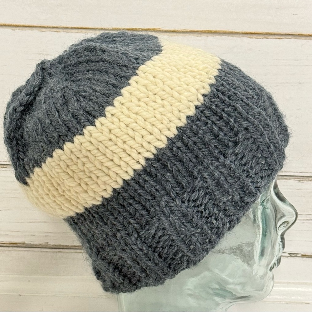 Handmade Knit Beanie – Blue & Cream Stripe